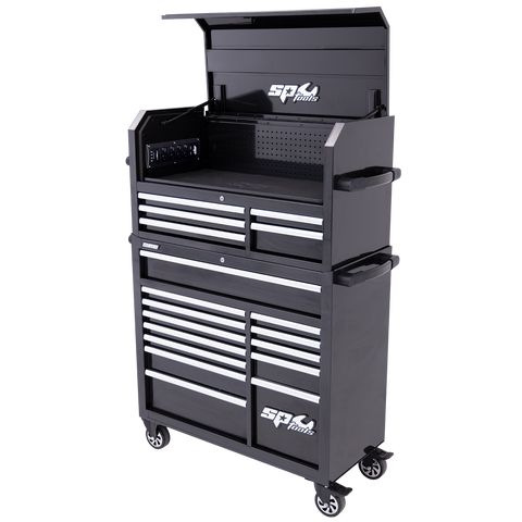 SP Tools Sumo Series Power Hutch Tool Box & Roller Cabinet Combo - 18 Drawer - Black/Chrome