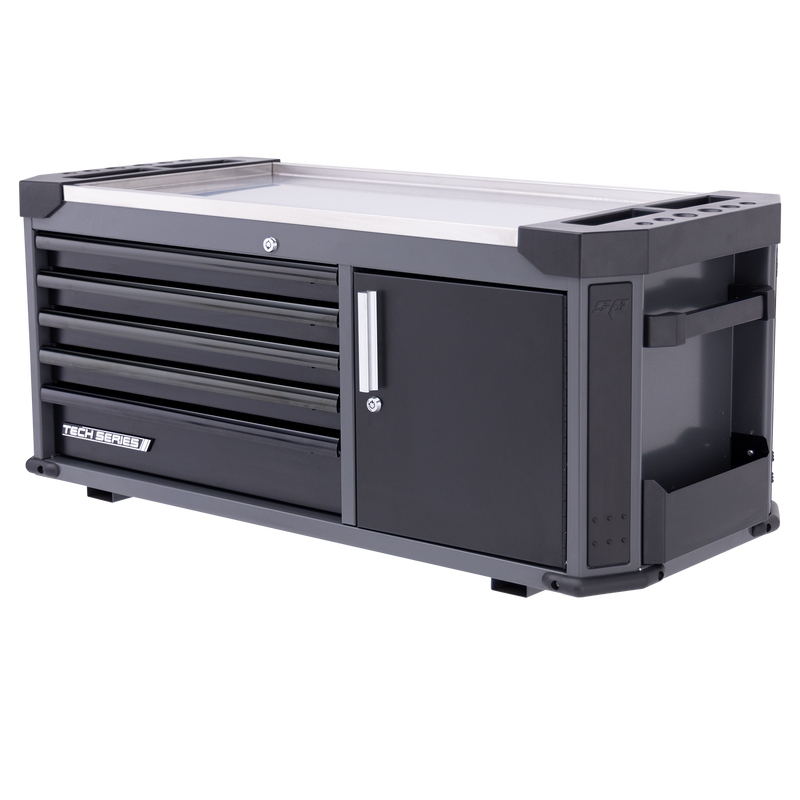 SP Tools Tech Series Tool Box with Power Tool Cupboard and Built-in Power Board - 5 Drawer - Diamond Black