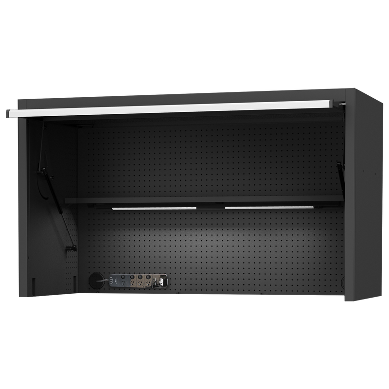 SP Tools 59" USA Sumo Series Power Top Hutch with Shelf, Pegboard, Light & Powerboard - Black/Chrome
