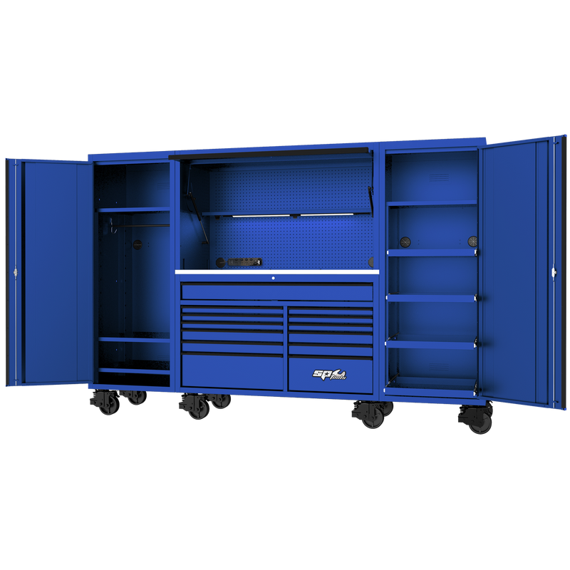 SP Tools 114" USA Sumo Series Workstation - Roller Cabinet, Top Hutch & 2x Side Cabinets - Blue/Black