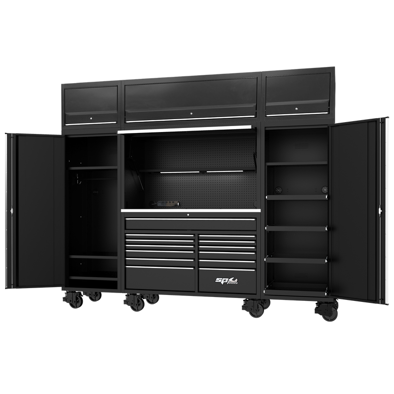 SP Tools 114" USA Sumo Series Complete Workstation - Roller Cabinet, Top Hutch, 2x Side Cabinets & Overhead Hutches