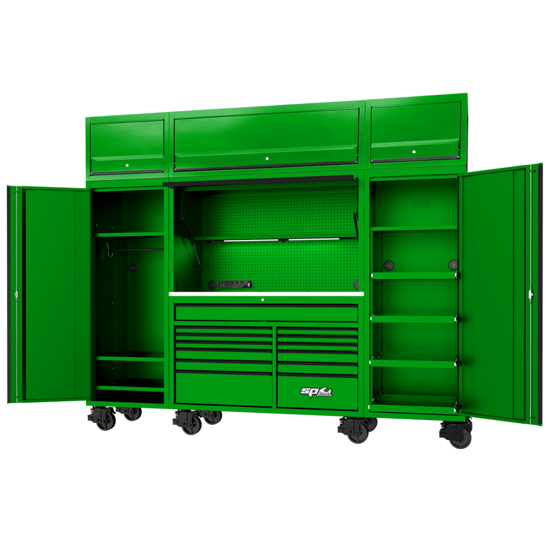 SP Tools 114" USA Sumo Series Complete Workstation - Roller Cabinet, Top Hutch, 2x Side Cabinets & Overhead Hutches - Green/Black