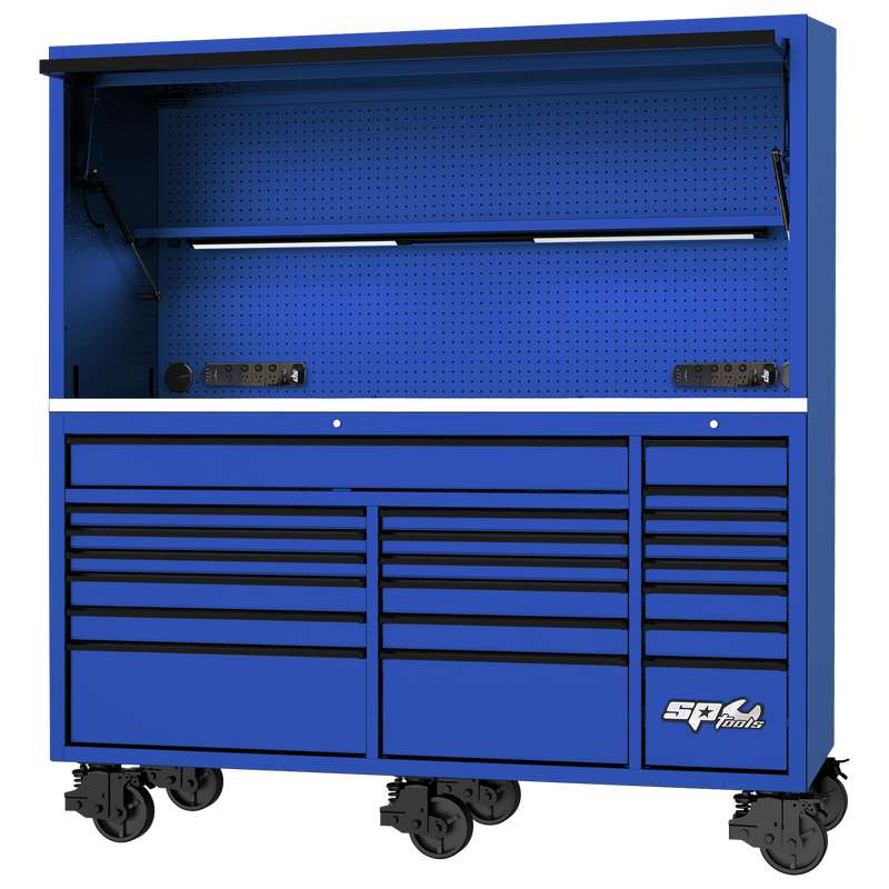 SP Tools 73" USA Sumo Series Workstation - Roller Cabinet & Top Hutch Combo - Blue/Black