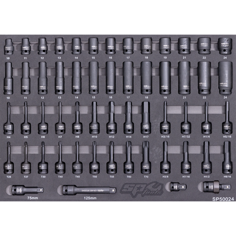 SP Tools EVA Foam Tray Tool Kit - 1/2" Drive Impact Sockets & Accessories - 56pc - Metric & SAE