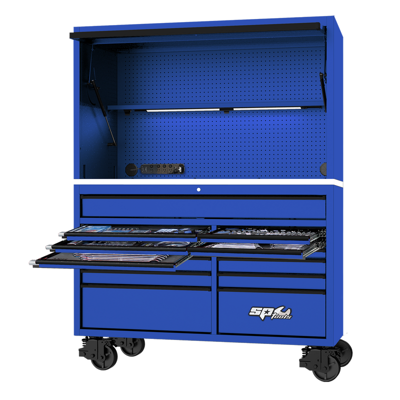 SP Tools 59" USA Sumo Series Roll Cab & Power Hutch Tool Kit - 631pc - Metric & SAE - Blue/Black