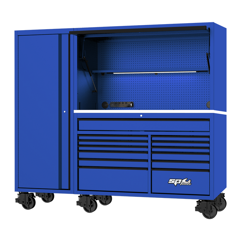 SP Tools 86" USA Sumo Series Roll Cab, Power Hutch & Side Cabinet Tool Kit - 730pc - Metric & SAE - Blue/Black