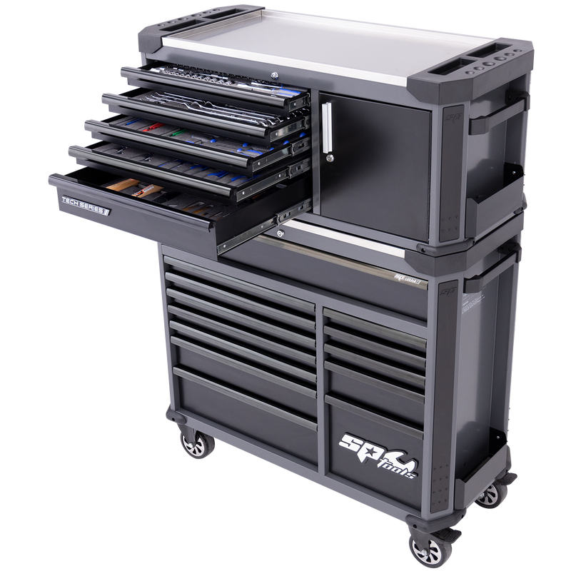 SP Tools Tech Series Tool Kit Combo with Power Tool Cupboard and Built-in Power Board - 351pc - Metric/SAE - Diamond Black - Plus Extra EVA Foam Trays