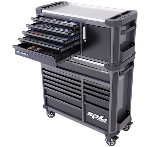 SP Tools Tech Series Tool Kit Combo with Power Tool Cupboard and Built-in Power Board - 351pc - Metric/SAE - Diamond Black - Plus Extra EVA Foam Trays