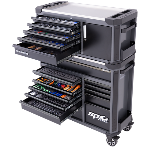SP Tools Tech Series Tool Kit Combo with Power Tool Cupboard and Built-in Power Board - 631pc - Metric/SAE - Diamond Black - Plus Extra EVA Foam Trays