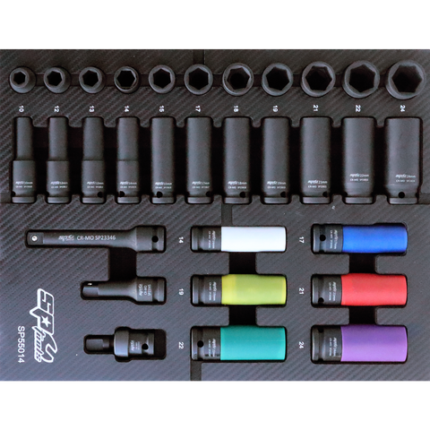 SP Tools EVA Foam Tray Tool Kit - 1/2" Drive Impact Sockets & Accessories - 31pc - Metric