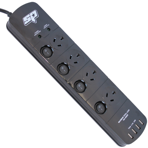 SP Tools Surge Protected Power Board - 4 Outlets & 4 USB Ports