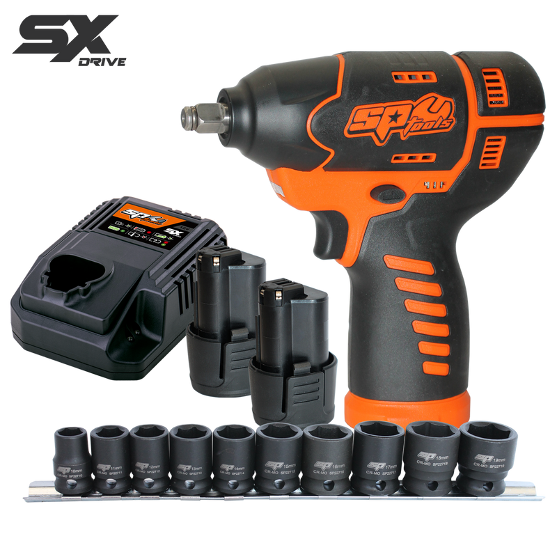 SP Tools 12v 3/8" Drive Impact Wrench Kit - 2.5Ah X2 Batteries and Impact Socket Set - SX Drive