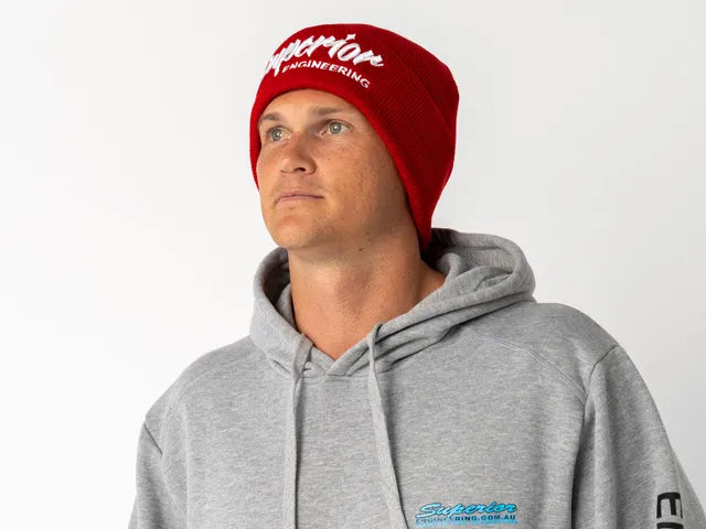 Superior Engineering Red Beanie with White Solid Logo Each