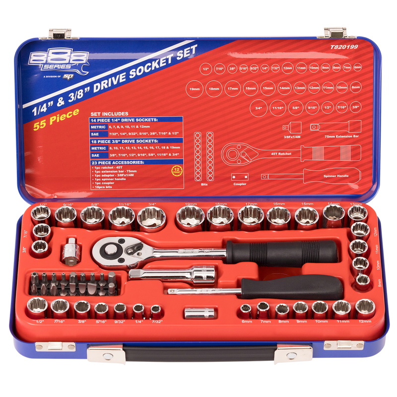 SP Tools 1/4" & 3/8" Drive Socket Set - 888 Series - Metric/SAE - 12pt - 55pc