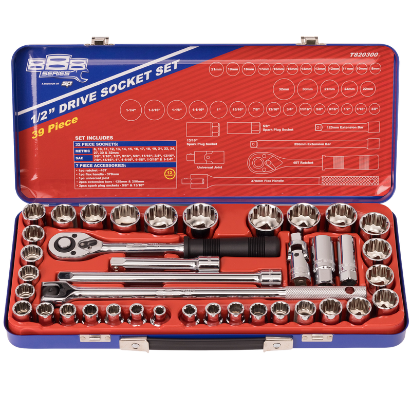 SP Tools 1/2" Drive Socket Set - 888 Series - Metric/SAE - 12pt - 39pc