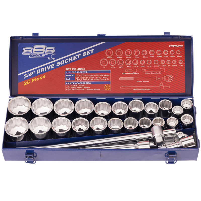 SP Tools 3/4" Drive Socket Set - 888 Series - Jumbo Sizes - Metric/SAE - 12pt - 26pc