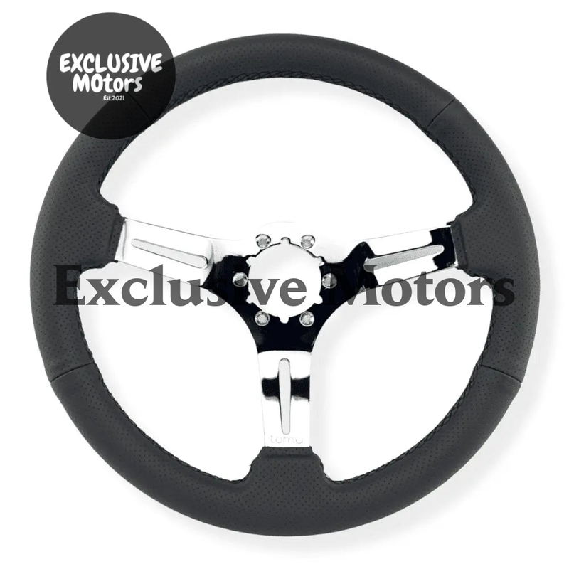 Black Perforated Leather and Chrome Spoke Steering Wheel