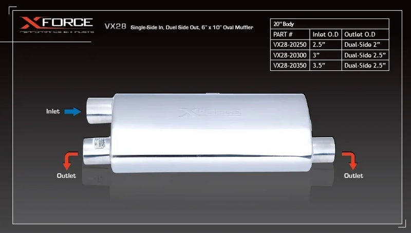 XForce Universal Muffler - 3in Single-Side In, Dual-Side Out, 6in x 10in Oval Muffler, Stainless Steel