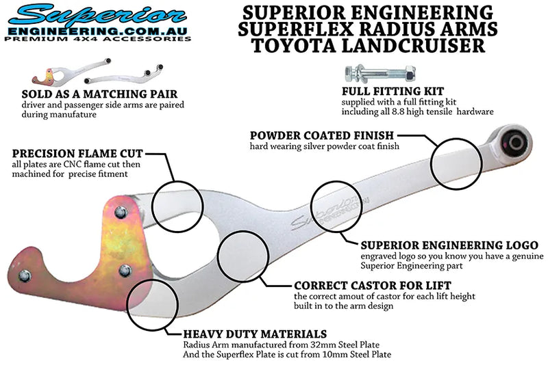 Superior Engineering Superflex Radius Arms — Toyota LandCruiser 76/78/79/80/105 Series Pre July 2016 and 76/78/79 Series Dual Cab 2.8ltr TD 10/2022 On 4 Inch (1