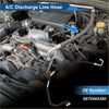 Black rubber a/c refrigerant liquid hose with white plastic fittings and blue arrow showing install spot in toyota land cruiser bay