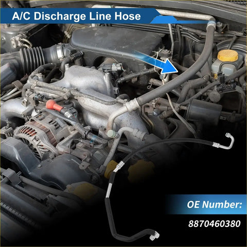 Black rubber a/c refrigerant liquid hose with white plastic fittings and blue arrow showing install spot in toyota land cruiser bay
