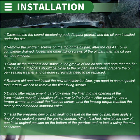 Green instructional panel with white text showing transmission oil pan installation steps for a340f filter kit tacoma 95-96