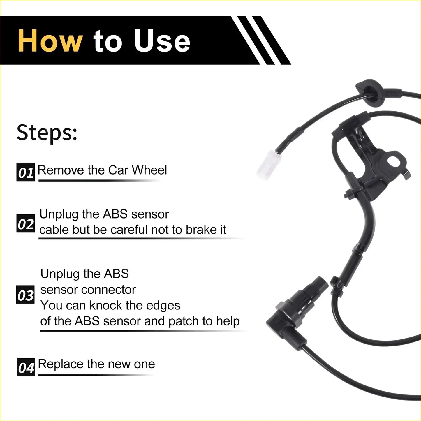 Black abs wheel speed sensor for toyota prado rear right with flexible cable and molded plastic housing back side view