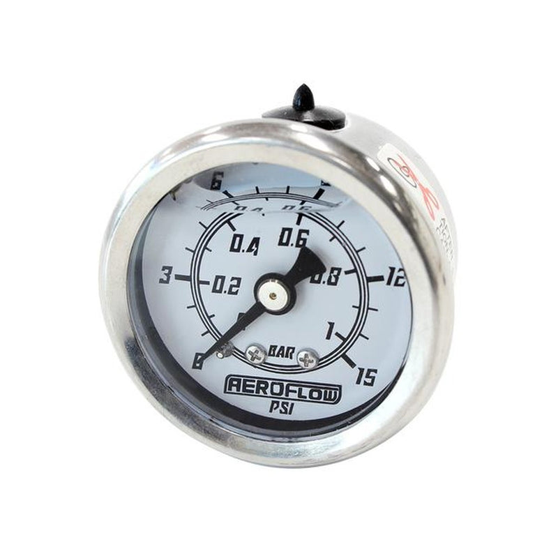 Aeroflow 1-1/2" 0-15 PSI Liq Fill Gauge White Face Black