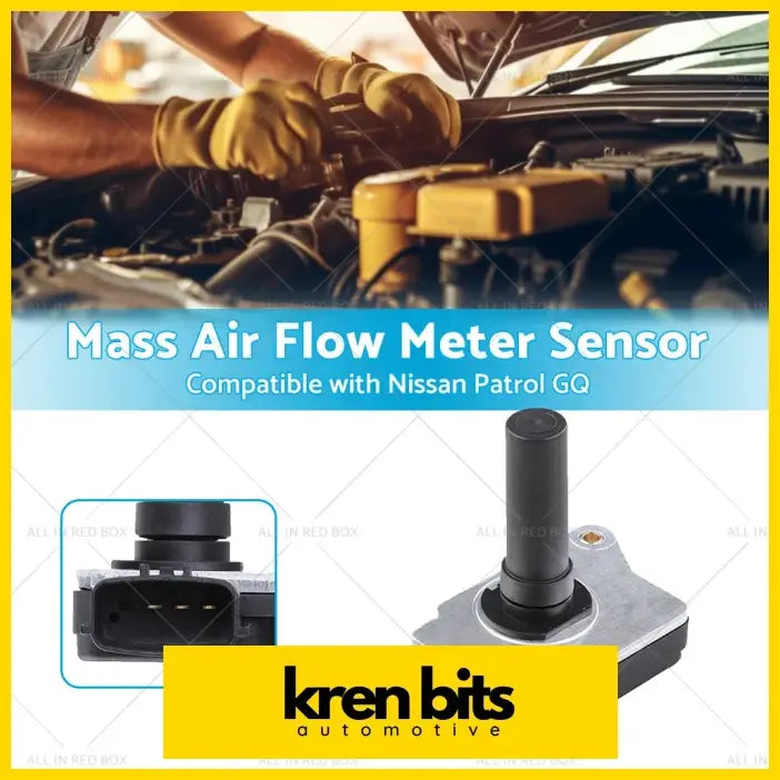 Black and silver air flow mass meter sensor with cylindrical probe and rectangular housing for nissan patrol gq 4.2