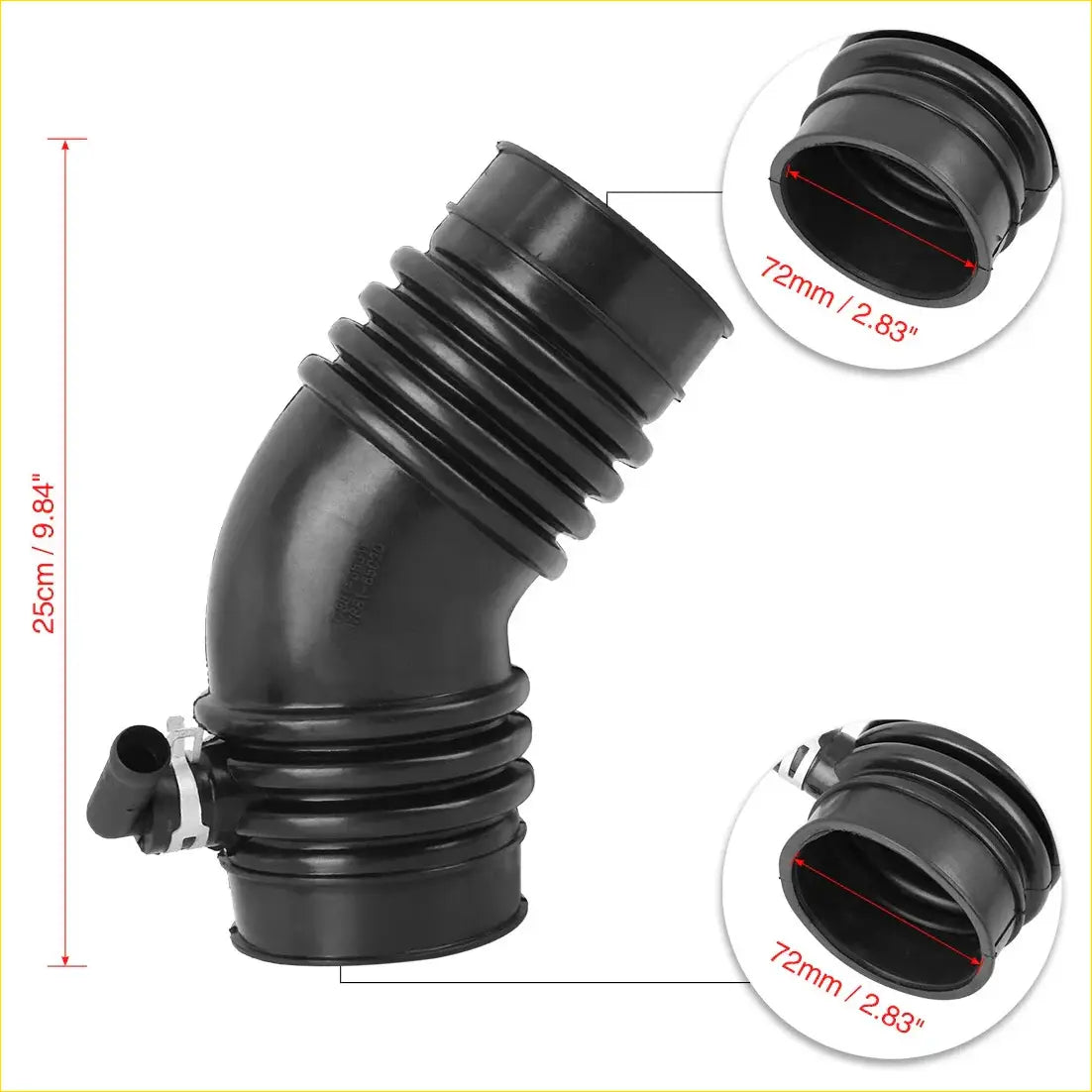Black rubber air intake hose tube with ribbed texture 9.84 inch length 72mm ends for toyota 4runner v6 engine