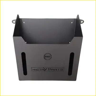 Black metal alloy jerry can holder with sleek rectangular design and vertical slots for canopy toolbox trailer use
