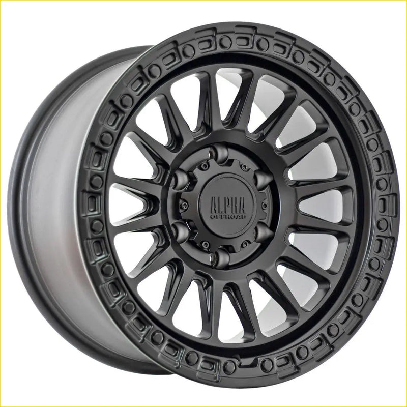 Alpha combat matt black 17x9 alloy wheel with rugged multi spoke design and aluminum off road branding center