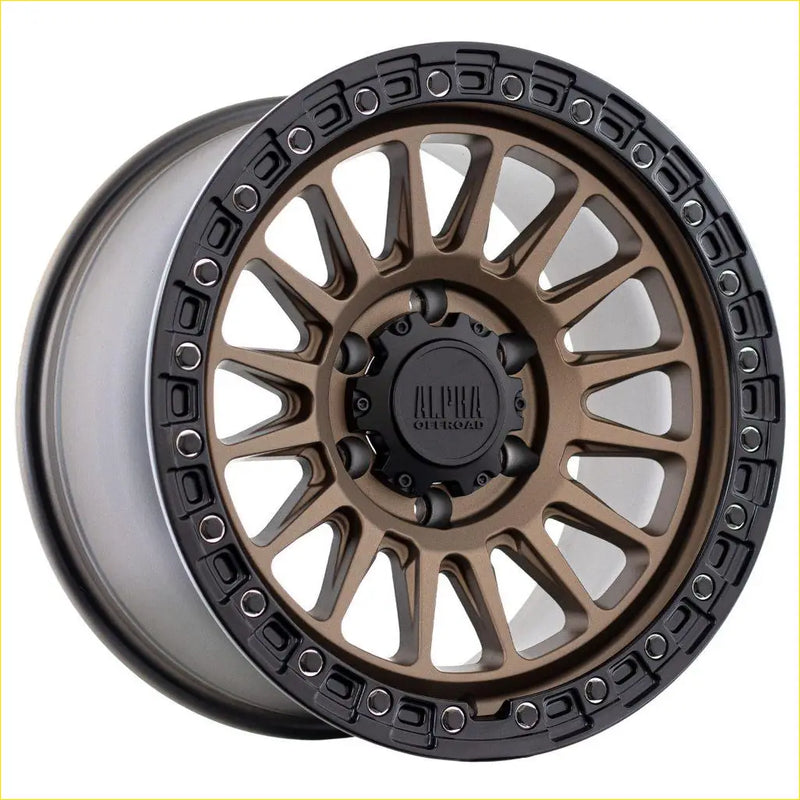 Alpha combat matt bronze with black lip 17x9 alloy wheel with rugged multi spoke design and alpha outdoors logo center