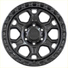 Black matte alpha enduro off-road wheel with rugged geometric spokes and embossed branding in matt black finish