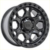 Black alpha enduro off-road alloy wheel with rugged multi-spoke design and machined face in matt black finish