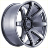 A sleek dark gray metallic alloy wheel alpha gauntlet 2 hyper grey multi-spoke design with alpha off-road center cap