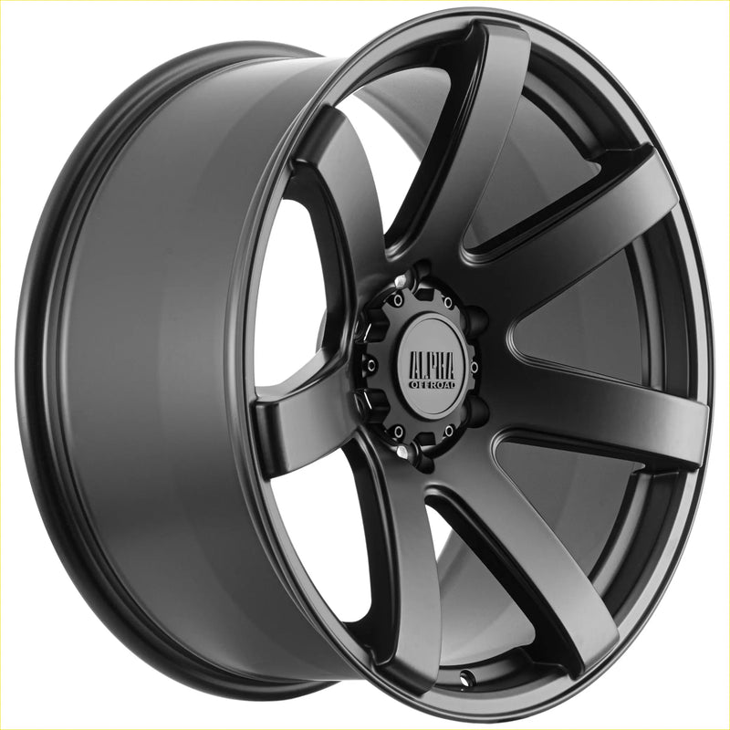 Black matte finished alloy wheel alpha gauntlet 2 with five-spoke design and alpha gt-road center cap
