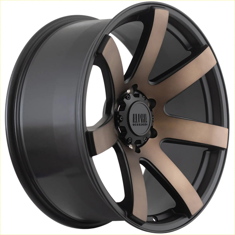 Black and bronze two-tone alpha gauntlet 2 alloy wheel with multi-spoke design and alpha brand center cap