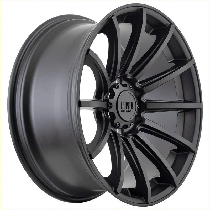Black matte finish alloy wheel with multi spoke design and alpha one branding center in alpha machete matt black 20 10 6139