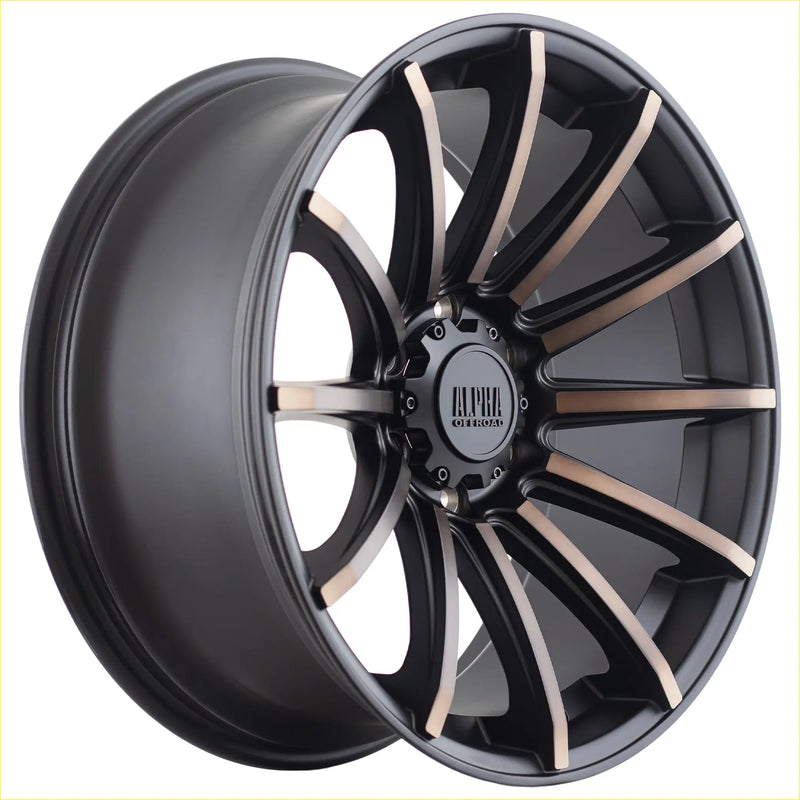 Black and bronze two-tone alloy wheel with multi-spoke design and alpha one logo center for alpha machete matt black dark bronze tint