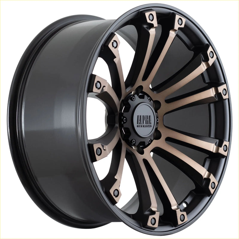 Black and bronze two-tone alloy wheel with bold multi-spoke design alpha maverick matt black dark bronze tint 20 10 6139