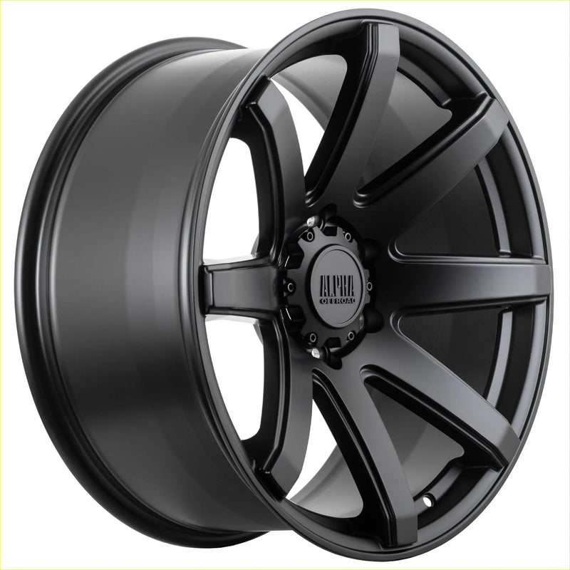 Alpha nomad matt black alloy wheel with black matte finish bold multi-spoke design and alpha one logo center