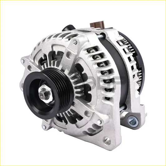 Silver aluminum ford f-150 alternator with black 6-groove pulley and cooling fins 200a 12v cw 2014–2017