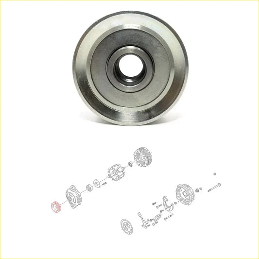 Silver metallic industrial alternator pulley with smooth circular design and concentric rings for nissan urvan caravan