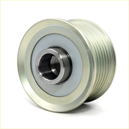 Silver metal alternator pulley with clutch for Toyota Hilux 2004-2015 with threaded bore and ribbed outer surface