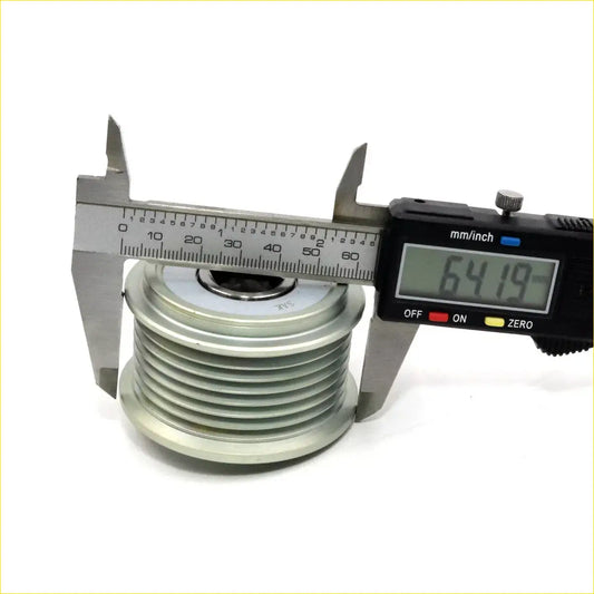 Silver metallic alternator pulley with clutch for Toyota Hilux 2005-2015 shown with digital calipers measuring 64.19 mm