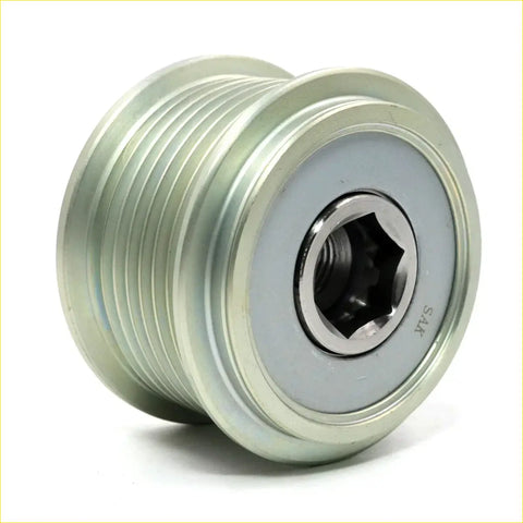 Silver aluminum alternator pulley with clutch for toyota hilux 2005-2015 featuring hexagonal bore and ribbed surface