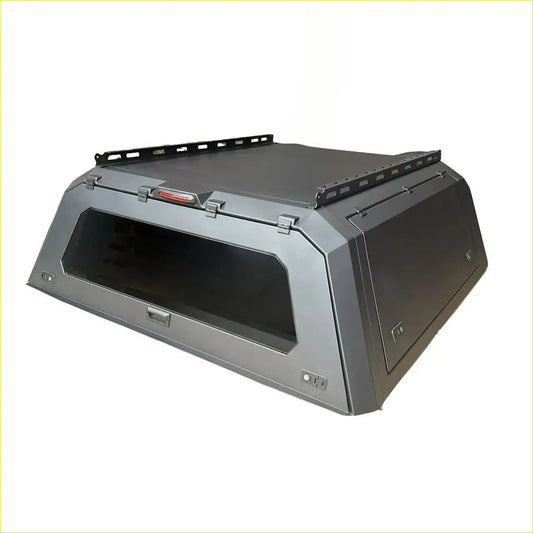 Gray aluminium canopy with rear view glass and reinforced roof rails shown from the back for ford ranger 2022 next gen