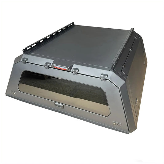 Gray metallic aluminium canopy rear view with reinforced frame and side-mounted latches for toyota hilux 2015-2025