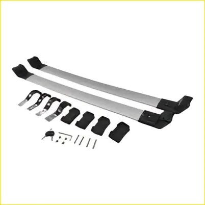 Silver aluminum cross bars roof racks with black plastic end caps and mounting hardware for toyota prius